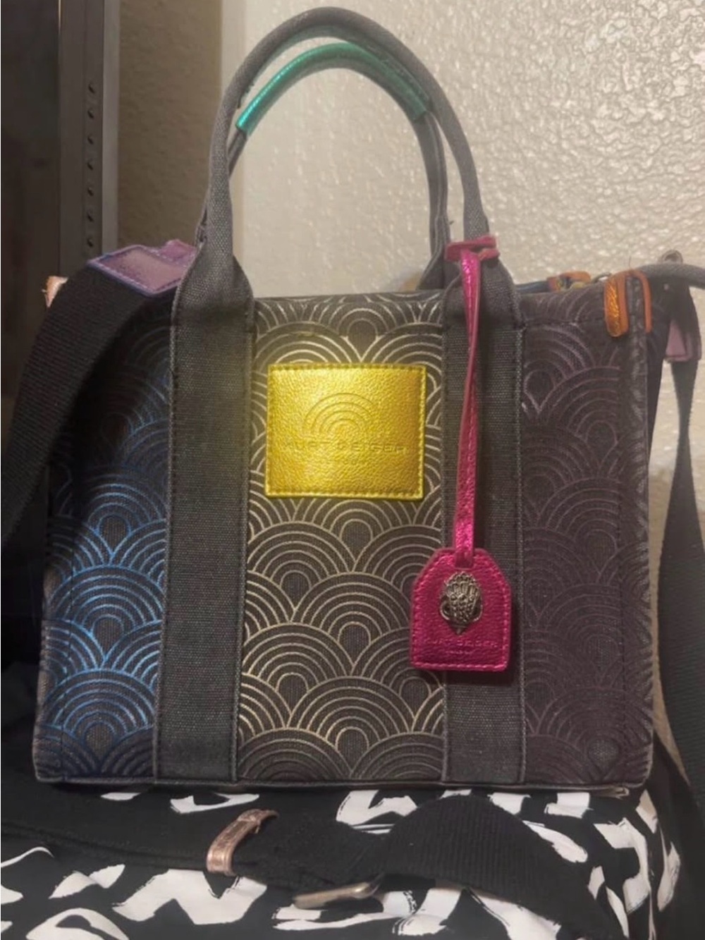 Kurt Geiger Black Patterned Satchel with Pink Tag and Gold Patch